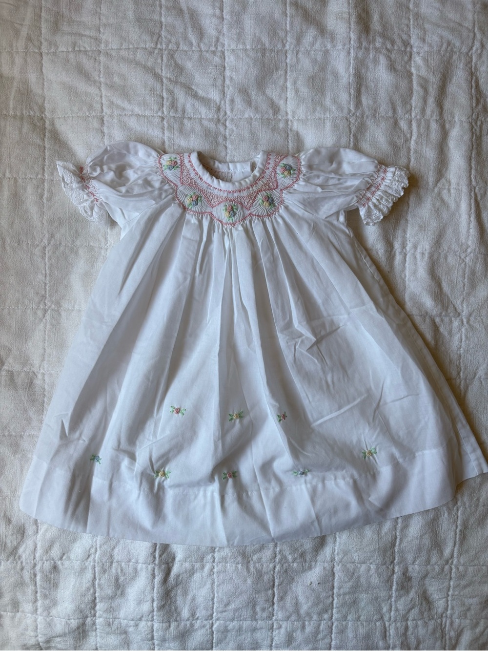 House of Hatten White Smocked Baby Dress Pink & Green Floral Embroidery 3 Months